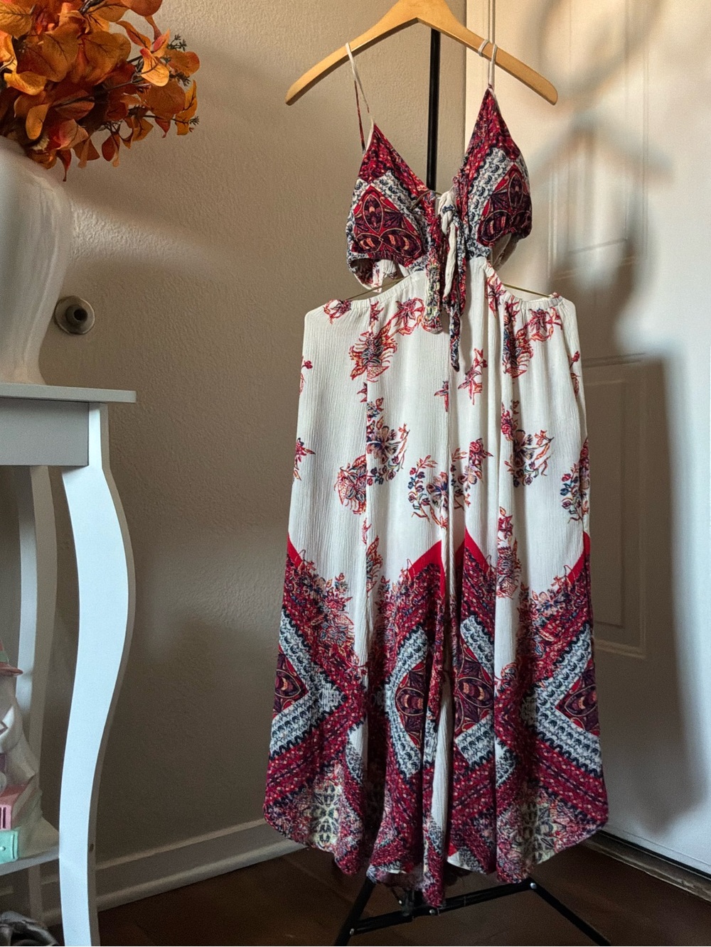 Free People White Maxi Dress with Red Paisley Accents